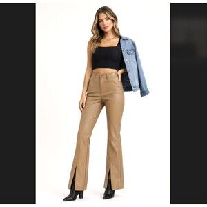 Kancan Faux Leather Bootcut Pants 13/30 Camel Tan High Rise Flared Slit Pocket